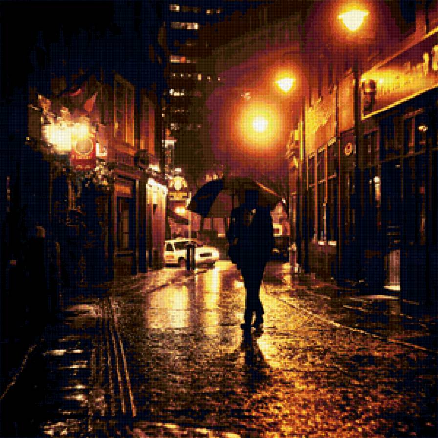 The Autumn Rain - человек, ночь, зонт, город, фонарь, осень, улица, дождь - предпросмотр