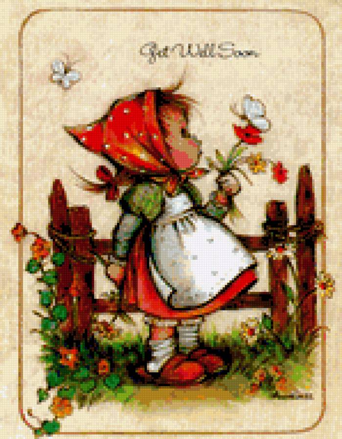 девочка с цветами - ретро открытки - предпросмотр