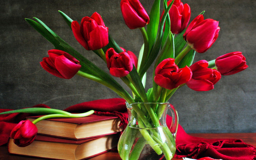 Тюльпаны - букет, ваза, красный, ткань, книги, цветы, тюльпаны - оригинал