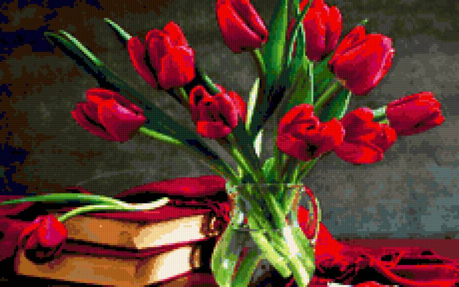 Тюльпаны - цветы, красный, книги, тюльпаны, ваза, букет, ткань - предпросмотр