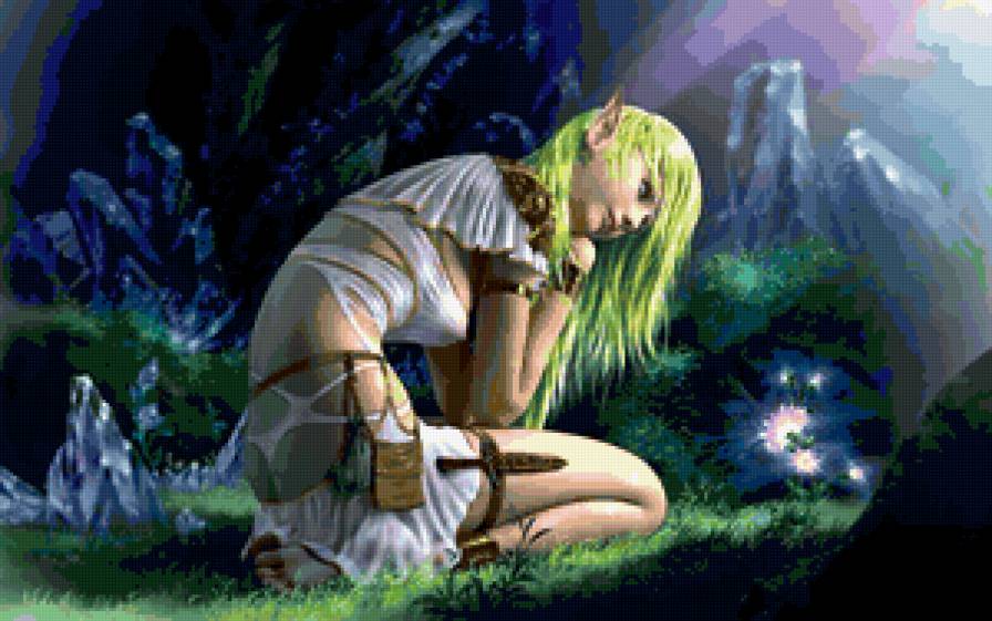 Девочка с цветком - сказка, девушка, цветок, фея, лес, эльф - предпросмотр