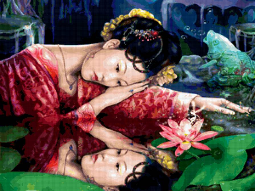 Япония - кувшинка, сказка, восток, девушка, отражение - предпросмотр