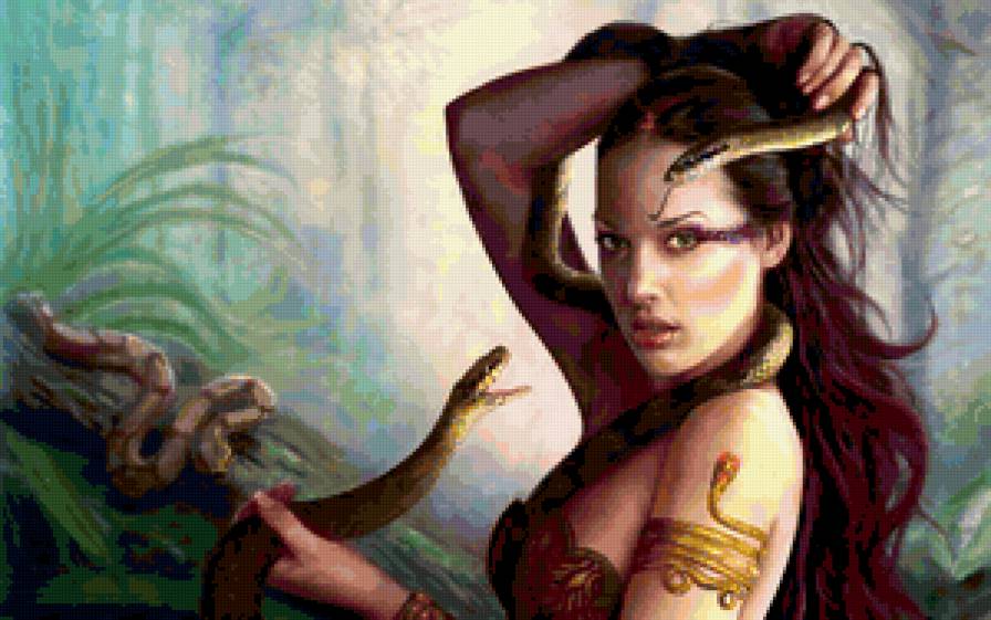 Девушка со змеями - девушка, сказка, лес, змея, животные - предпросмотр