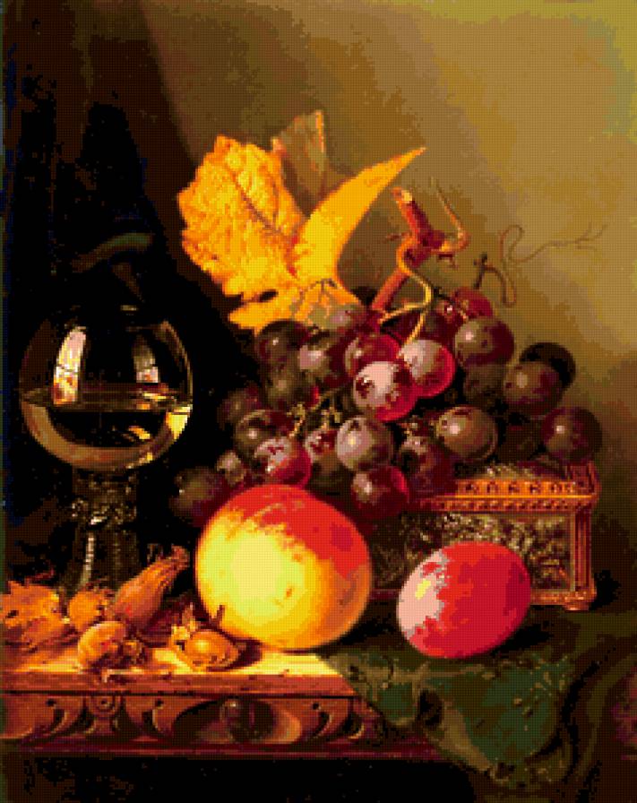 Натюрморт с виноградом - вино, натюрморт, картина, фрукты, виноград - предпросмотр