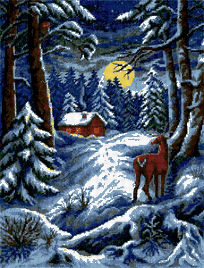 лунная ночь - зима, лес - предпросмотр