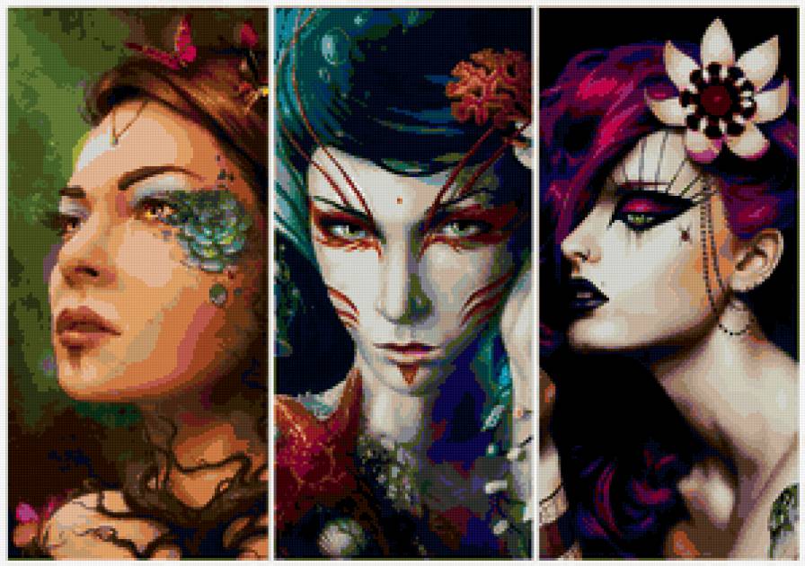 девушки - триптих, образ, девушка, портрет, гламур, фентези - предпросмотр