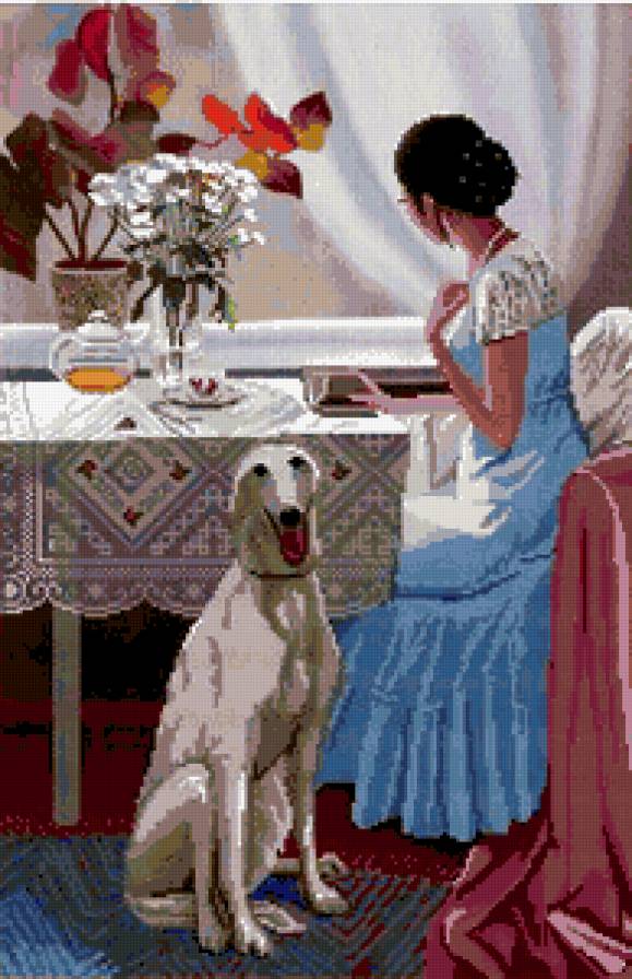 дама с собакой - женщина, книга, окно, дама, собака - предпросмотр