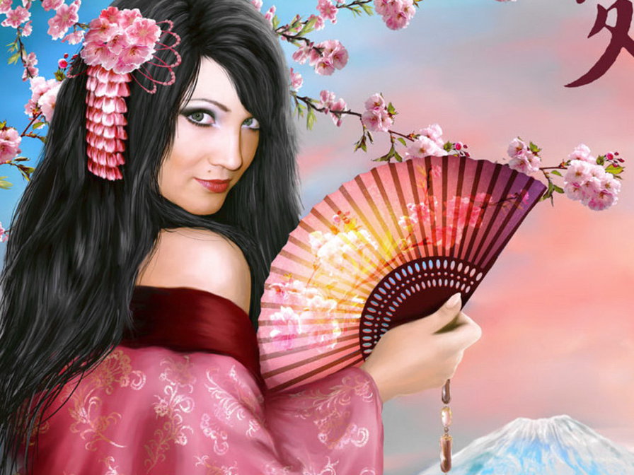 девушка с сакурой - девушка, фэнтази - оригинал