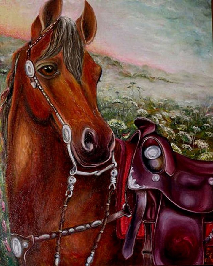 0075 - природа, животные, красота, лето, картина, кони, лошадь - оригинал