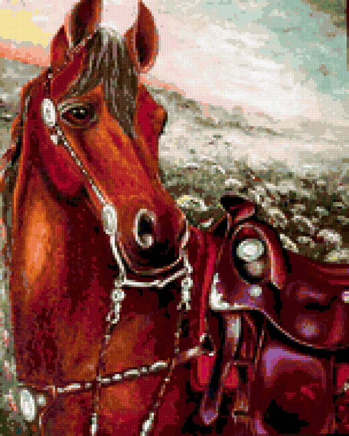 0075 - кони, природа, лето, красота, лошадь, животные, картина - предпросмотр