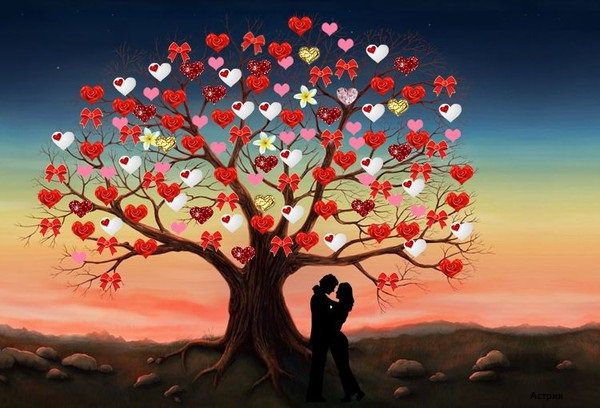 Под дерово любви - пара, влюбленные, дерево, лбовь, сердечки - оригинал