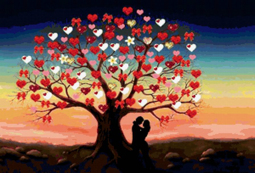 Под дерово любви - влюбленные, пара, сердечки, дерево, лбовь - предпросмотр