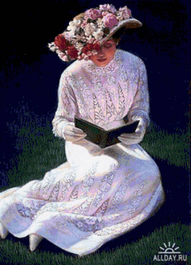 Девушка в шляпке с цветами и книгой - шляпки, цветы, девушки - предпросмотр