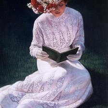 Оригинал схемы вышивки «Девушка в шляпке с цветами и книгой» (№293478)