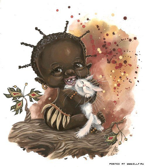 Негретенок с котиком - кот, дети - оригинал