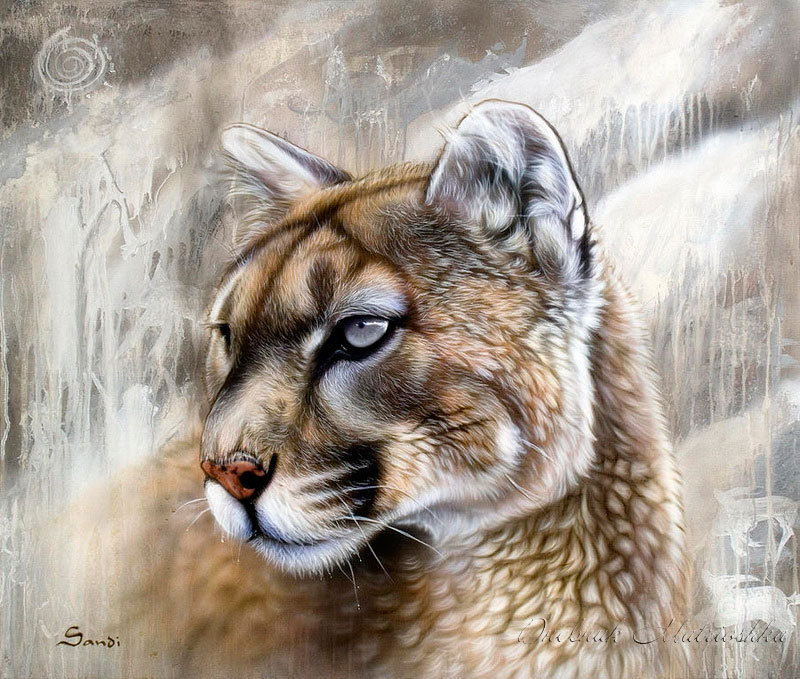 ХУДОЖНИК - Sandi Baker - картина, лес, животное, лев, зверь, дикая кошка, пума, тигр, хищник - оригинал