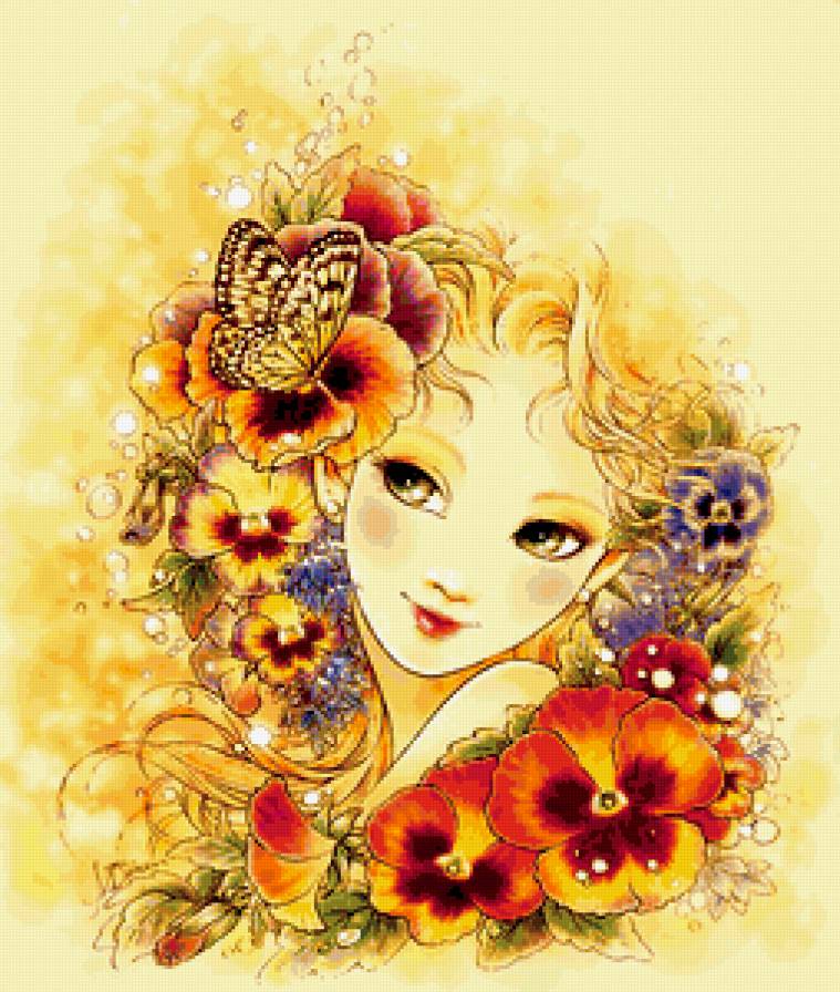 анютины глазки - девушка, цветы, бабочка - предпросмотр