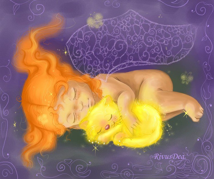 Спящее золото - девочка, крылья, сон, детское, котено - оригинал