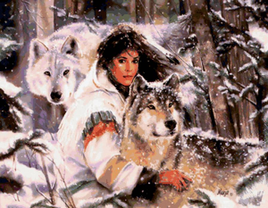 стая - картина, волки, девушка - предпросмотр