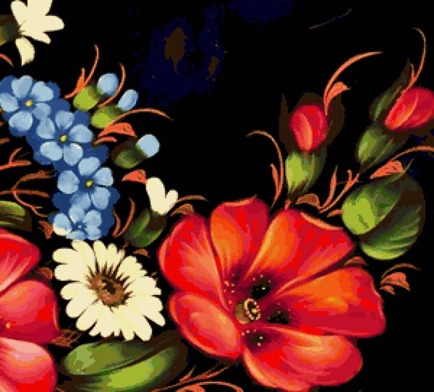 Цветочное панно - панно, цветы, жостовская, подушка, гибискус, незабудки, роспись - предпросмотр