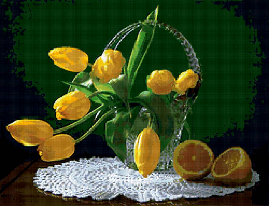 натюрморт - натюрморт, букет, лимон, тюльпаны, цветы, весна - предпросмотр