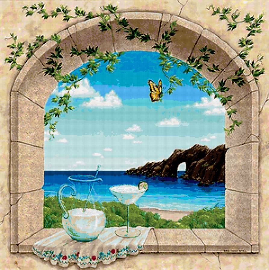 Окно в мир. Кувшин - природа, окно, море, плющ, пейзаж - предпросмотр