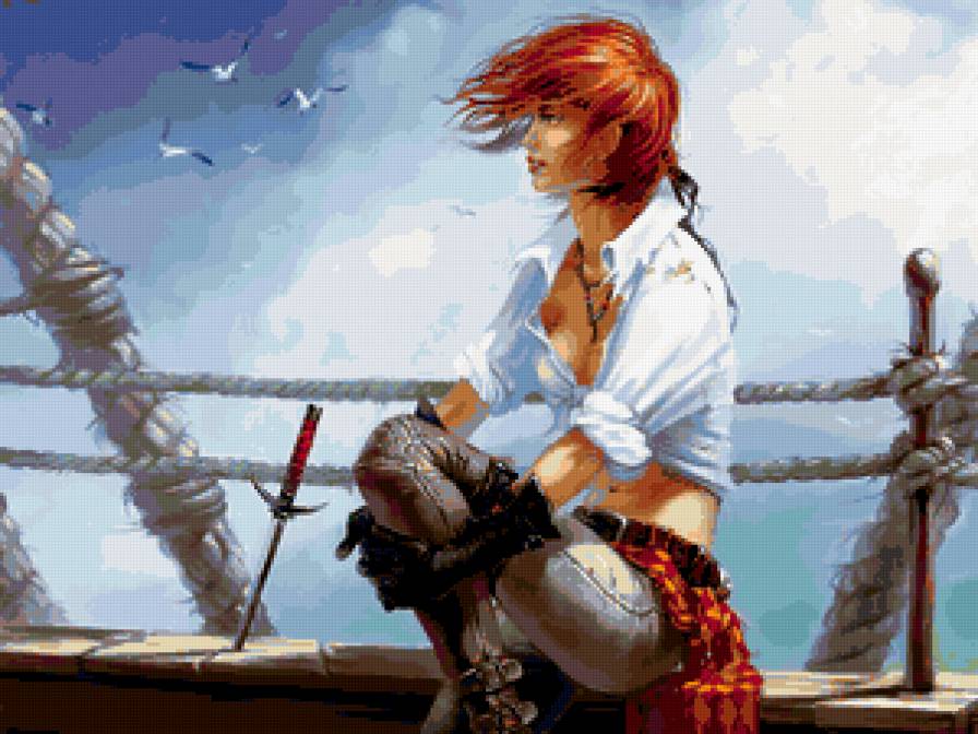 Пиратка - девушка, корабль, чайки - предпросмотр