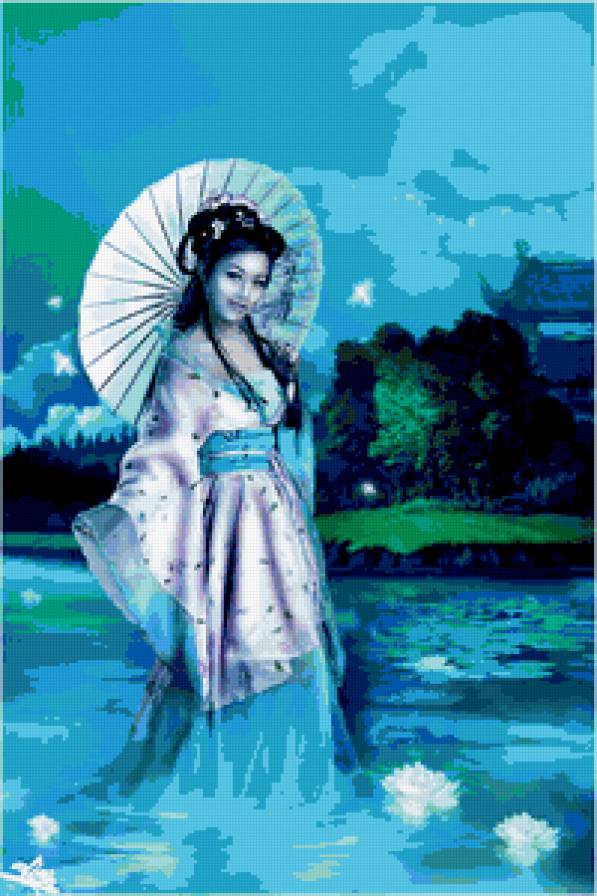 Японка в голубом - лилии, ночь, восток, гейша, вода, японка - предпросмотр