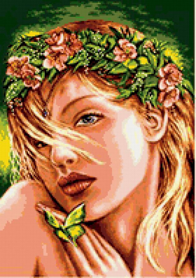 девушка с венком - бабочка, девушка, цветы - предпросмотр