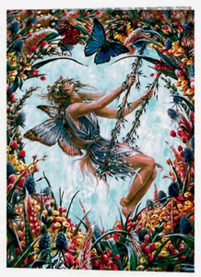 девушка на качели - цветы, девушка - предпросмотр