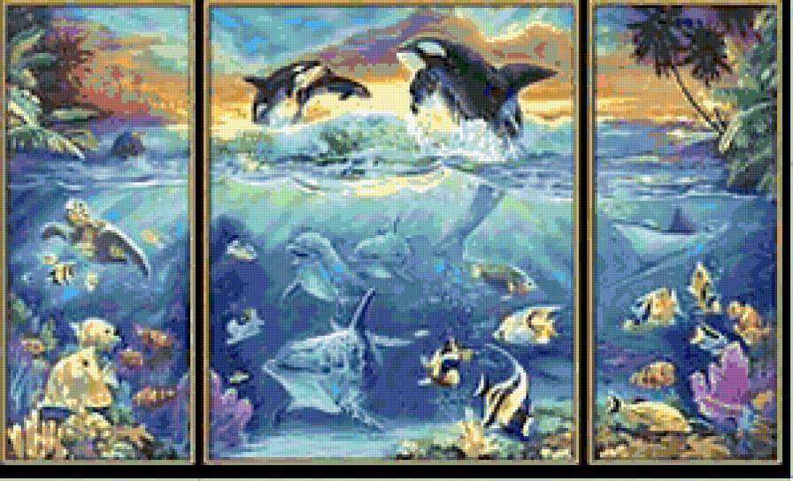 Триптих "Кусочек океана" - океан, делфины, морская фауна - предпросмотр