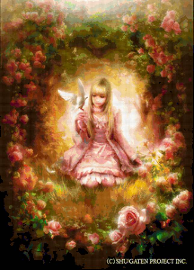 СКАЗОЧНЫЙ МИР - голуби, сказка, фентези, фант, розы, пейзаж, цветы, фея, картина, девушка - предпросмотр