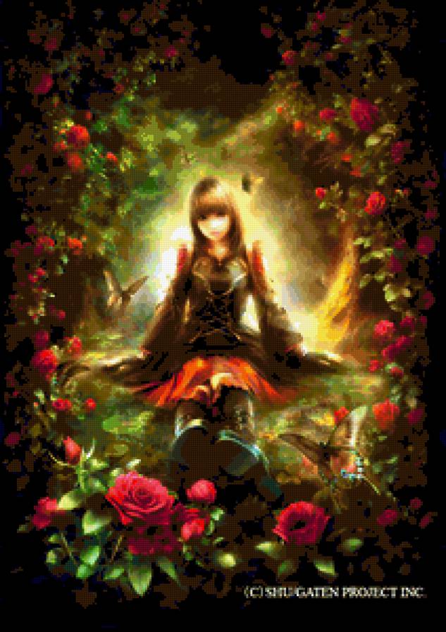 СКАЗОЧНЫЙ МИР - фентези, цветы, фея, девушка, картина, бабочки, поляна, сказка, розы - предпросмотр