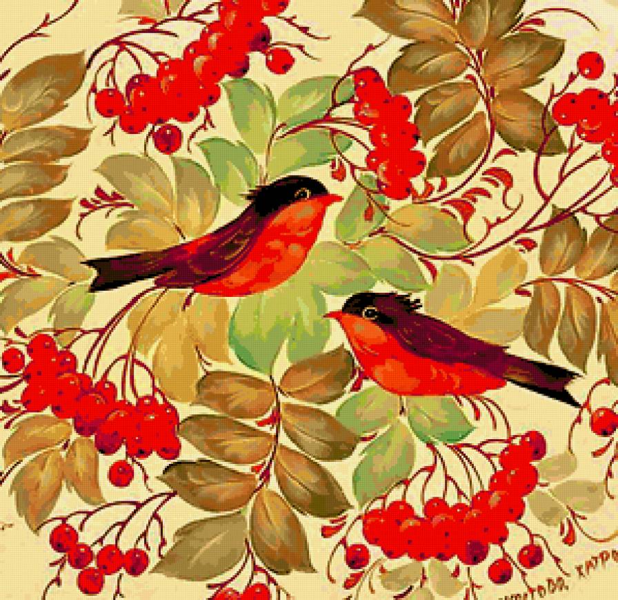 Подушка - ягодки, рябина, роспись, птицы, жостово, снегири - предпросмотр
