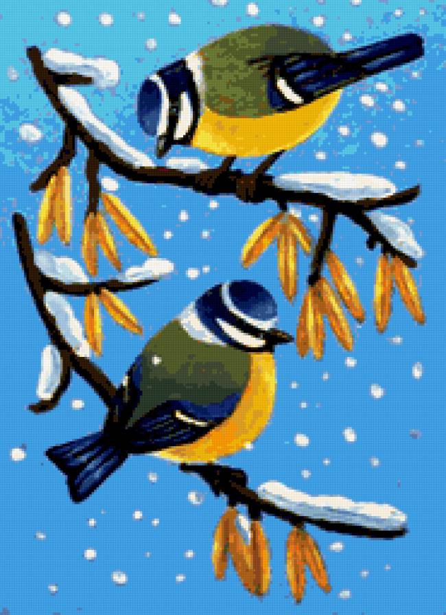 Синички зимой - синички, синицы, пейзаж, зима, панно, птички, снег, птицы - предпросмотр