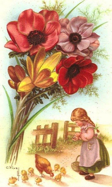 Цветы и детки - дети, анемоны, цветы, девочка, ретро, пейзаж, птицы, дом - оригинал