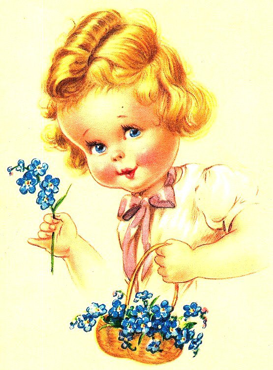 Девочка и незабудки - детский портрет, ретро, незабудки, цветы, букет, девочка - оригинал