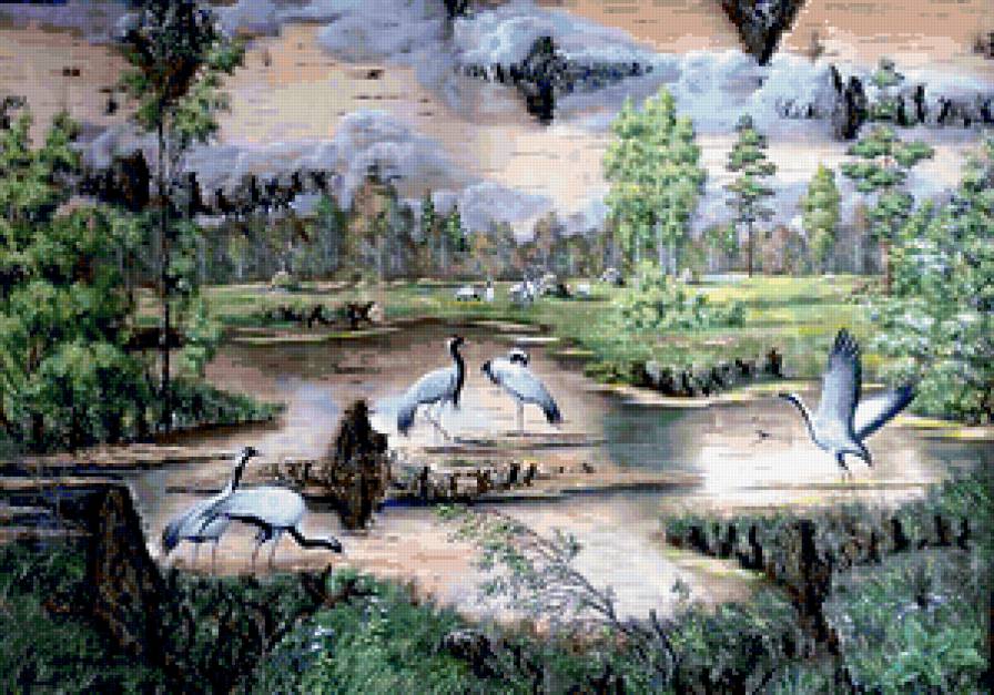 журавли - картина на бересте - предпросмотр