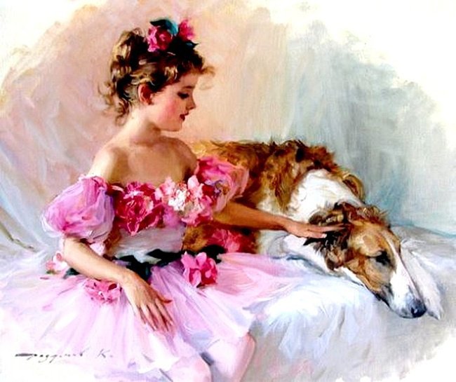 картина - девушка, собака - оригинал