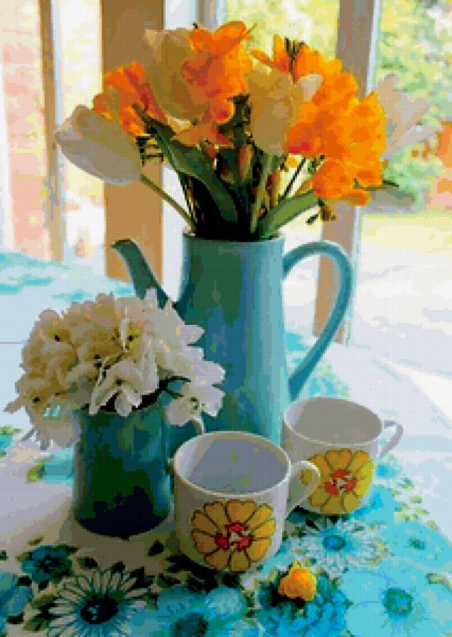 Цветочный мотив - натюрморт, чашка, цветы - предпросмотр