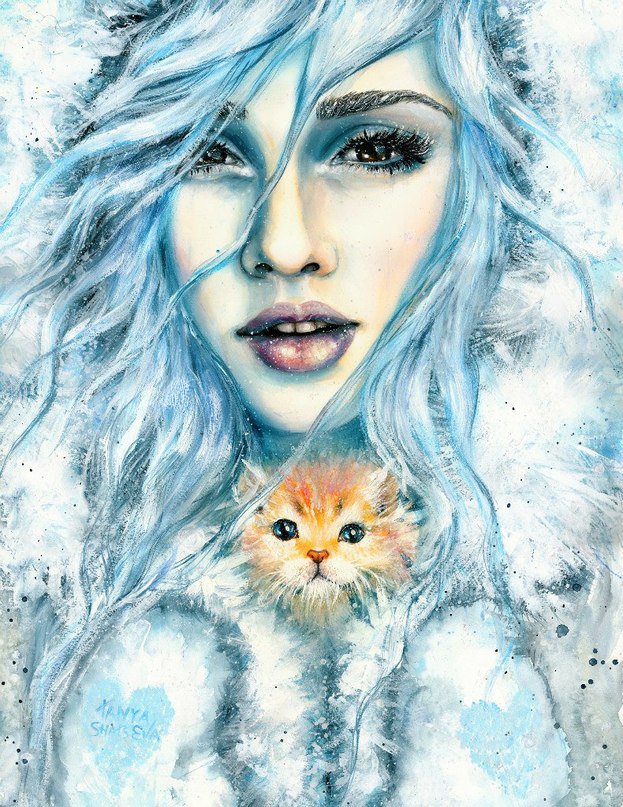 девушка - котенок, зима, девушка - оригинал