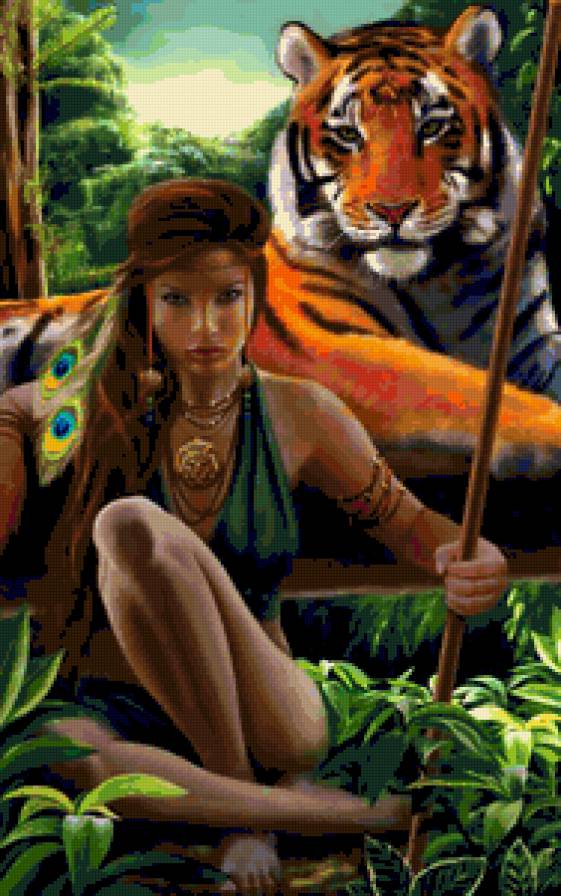 Девушка и тигр - девушка, картина, тигр - предпросмотр