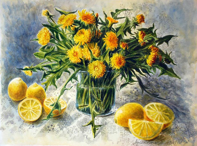 №300939 - натюрморт, фрукты, картина, одуванчики, цветы, букет - оригинал