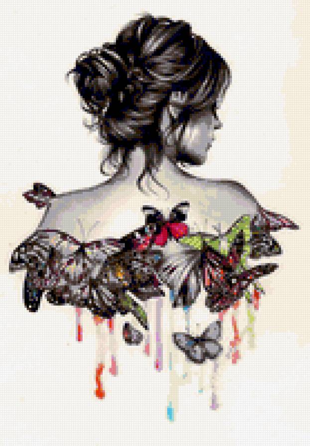 девушка и бабочки - рисунок, монохром - предпросмотр