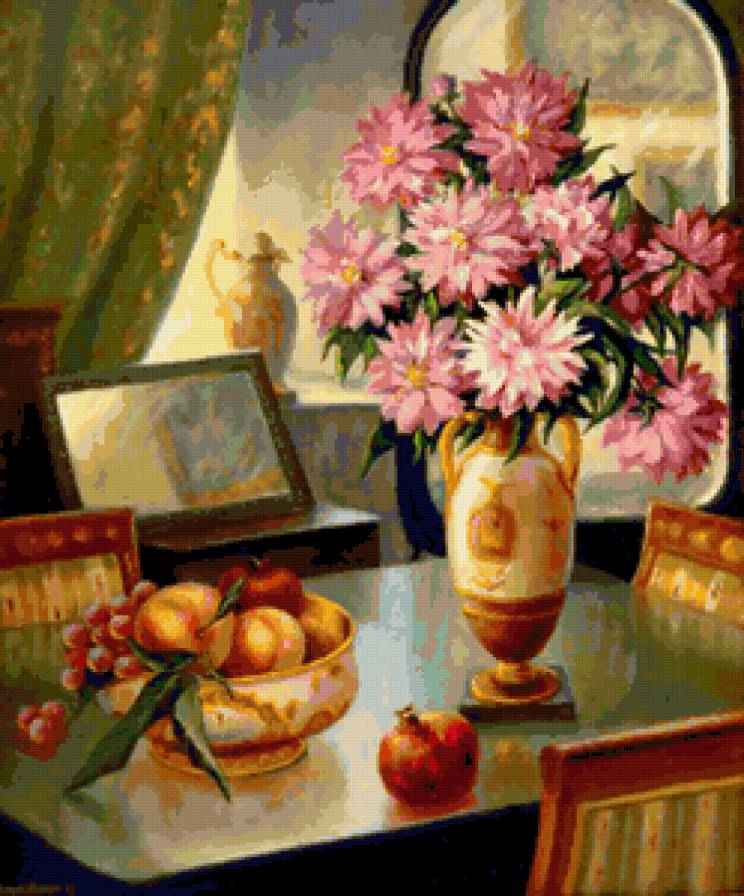 Натюрморт - фрукты, окно, ваза, цветы - предпросмотр