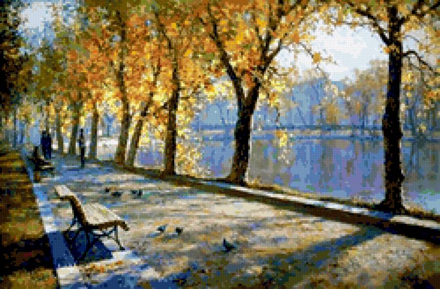 парк осенью - осень, вода, акварель, парк, солнечный день, набережная - предпросмотр