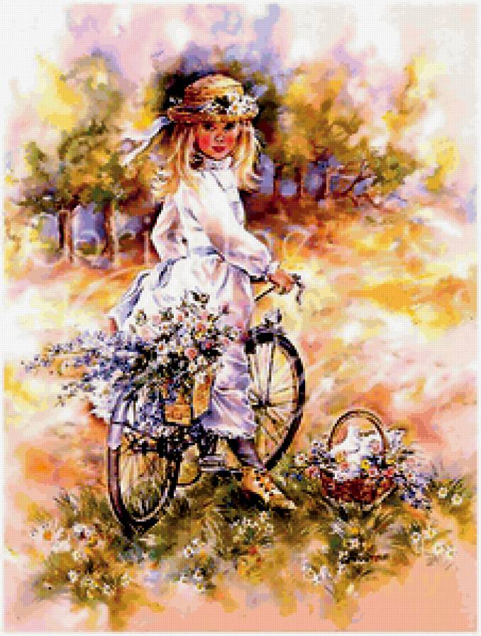 девочка - лето, цветы, велосипед - предпросмотр