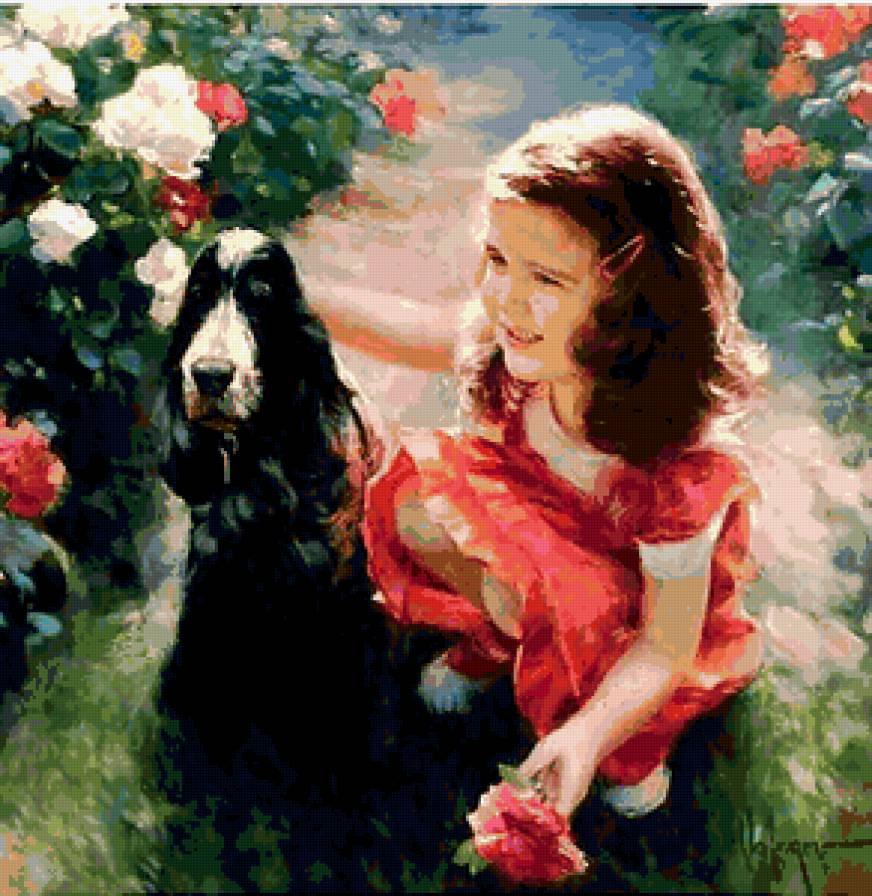 милые создания - цвкты, дети, собака, девочка - предпросмотр