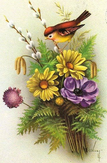 Цветы и птички - ретро, птицы, винтаж, птица, цветы, флора, анемон, птичка - оригинал