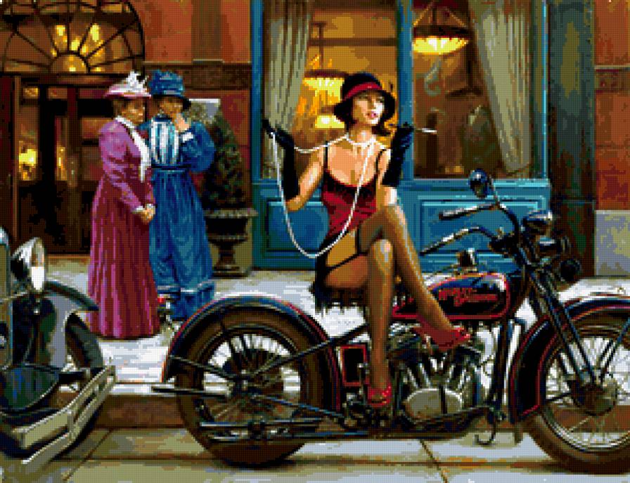 девушка - мотоцикл, ретро, картина, женщина - предпросмотр